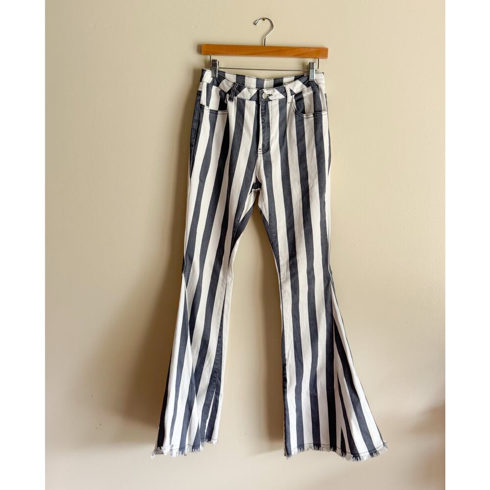 Saints & Hearts Blue + White Stripe Bell Bottom Flare Frayed Hem Jeans - Large - Picture 9 of 10